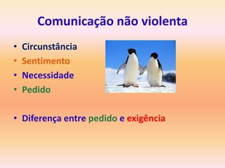 Comunicação não violenta
•   Circunstância
•   Sentimento
•   Necessidade
•   Pedido

• Diferença entre pedido e exigência
 