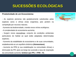 SUCESSÕES ECOLÓGICASSUCESSÕES ECOLÓGICAS
Produtividade de um Ecossistema:
- As espécies pioneiras são gradativamente substituídas pelas
espécies seres e clímax (mais exigentes), pois perdem na
competição por recursos naturais;
- Aumento da biodiversidade, criando novos nichos ecológicos;
- A complexidade do ecossistema aumenta;
- Surgem novos microclimas: conjunto de condições ambientais
particulares do habitat ao qual estão adaptadas determinadas
espécies;
- Aumento da estabilidade do ecossistema e de suas comunidades,
estabelecendo-se um equilíbrio dinâmico (Homeostase);
- Aumento da PPB (e sua estabilização na comunidade clímax) e
diminuição da PPL (pois ao longo da sucessão a taxa de respiração
da comunidade aumenta: lembrar que PPL = PPB – R).
 