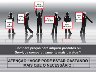 Compara preços para adquirir produtos ou Serviços comparativamente mais baratos  ? Arroz 5k R$ 6.50 Arroz 5k R$ 7.50 Arroz 5k R$ 8.50 feijão 1k  R$ 5.50 feijão 1k  R$ 4.50 feijão 1k  R$ 6.50 ATENÇÃO ! VOCÊ PODE ESTAR GASTANDO  MAIS QUE O NECESSÁRIO ! 