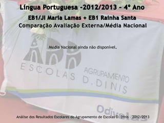 Comparação Avaliação Externa/Média Nacional
Análise dos Resultados Escolares do Agrupamento de Escolas D. Dinis – 2012/2013
Média Nacional ainda não disponível.
 