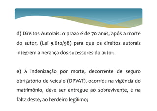 d) Direitos Autorais: o prazo é de 70 anos, após a morte
do autor, (Lei 9.610/98) para que os direitos autorais
integrem a herança dos sucessores do autor;
e) A indenização por morte, decorrente de seguro
obrigatório de veículo (DPVAT), ocorrida na vigência do
matrimônio, deve ser entregue ao sobrevivente, e na
falta deste, ao herdeiro legítimo;
14
 