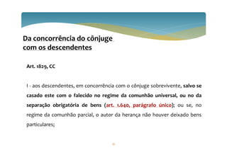 Da concorrência do cônjuge
com os descendentes
Art. 1829, CC
I - aos descendentes, em concorrência com o cônjuge sobrevivente, salvo se
casado este com o falecido no regime da comunhão universal, ou no da
separação obrigatória de bens (art. 1.640, parágrafo único); ou se, no
regime da comunhão parcial, o autor da herança não houver deixado bens
particulares;
33
 