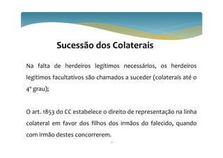 74
Sucessão dos Colaterais
Na falta de herdeiros legítimos necessários, os herdeiros
legítimos facultativos são chamados a suceder (colaterais até o
4º grau);
O art. 1853 do CC estabelece o direito de representação na linha
colateral em favor dos filhos dos irmãos do falecido, quando
com irmão destes concorrerem.
 