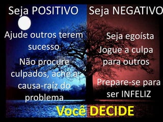 Seja POSITIVO Seja NEGATIVO
Ajude outros terem     Seja egoísta
     sucesso         Jogue a culpa
   Não procure        para outros
 culpados, ache a
   causa-raíz do     Prepare-se para
     problema          ser INFELIZ
           Você DECIDE
 