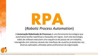 Material criado por iProcess Education (www.iprocesseducation.com.br). Não pode ser usado e/ou distribuído integral ou em parte sem autorização.
RPA(Robotic Process Automation)
A Automação Robotizada de Processos é uma ferramenta tecnológica que
automatiza tarefas repetitivas e baseadas em regras. Com esta tecnologia,
robôs de software executam uma sequência de passos de um trabalho,
interagindo com sistemas através das interfaces de usuários já existentes nas
diversas aplicações utilizadas pelos profissionais da organização.
 