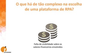 Falta de visibilidade sobre os
valores financeiros envolvidos
O que há de tão complexo na escolha
de uma plataforma de RPA?
 