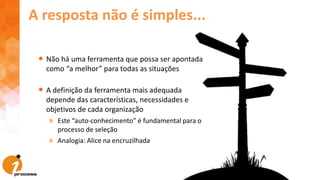 • Não há uma ferramenta que possa ser apontada
como “a melhor” para todas as situações
• A definição da ferramenta mais adequada
depende das características, necessidades e
objetivos de cada organização
» Este “auto-conhecimento” é fundamental para o
processo de seleção
» Analogia: Alice na encruzilhada
A resposta não é simples...
 