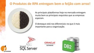 O Produtos de RPA entregam bem o feijão com arroz!
As principais plataformas hoje no mercado entregam
muito bem os principais requisitos que as empresas
esperam.
O destaque está nos diferenciais no que é mais
importante para a organização.
 