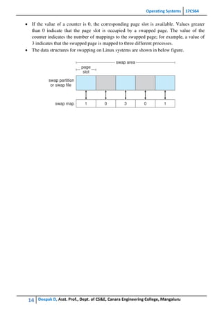 Operating Systems 17CS64
14 Deepak D, Asst. Prof., Dept. of CS&E, Canara Engineering College, Mangaluru
 If the value of a counter is 0, the corresponding page slot is available. Values greater
than 0 indicate that the page slot is occupied by a swapped page. The value of the
counter indicates the number of mappings to the swapped page; for example, a value of
3 indicates that the swapped page is mapped to three different processes.
 The data structures for swapping on Linux systems are shown in below figure.
 