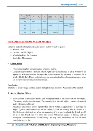 Operating Systems 17CS64
19 Deepak D, Asst. Prof., Dept. of CS&E, Canara Engineering College, Mangaluru
IMPLEMENTATION OF ACCESS MATRIX
Different methods of implementing the access matrix (which is sparse)
 Global Table
 Access Lists for Objects
 Capability Lists for Domains
 Lock-Key Mechanism
1. Global Table
 This is the simplest implementation of access matrix.
 A set of ordered triples <domain, object, rights-set> is maintained in a file. Whenever an
operation M is executed on an object Oj, within domain Di, the table is searched for a
triple <Di, Oj, Rk>. If this triple is found, the operation is allowed to continue; otherwise,
an exception (or error) condition is raised.
Drawbacks -
The table is usually large and thus cannot be kept in main memory. Additional I/O is needed
2. Access Lists for Objects
 Each column in the access matrix can be implemented as an access list for one object.
The empty entries are discarded. The resulting list for each object consists of ordered
pairs <domain, rights-set>.
 It defines all domains access right for that object. When an operation M is executed on
object Oj in Di, search the access list for object Oj, look for an entry <Di, RK > with M ϵ
Rk. If the entry is found, we allow the operation; if it is not, we check the default set. If
M is in the default set, we allow the access. Otherwise, access is denied, and an
exception condition occurs. For efficiency, we may check the default set first and then
search the access list.
 