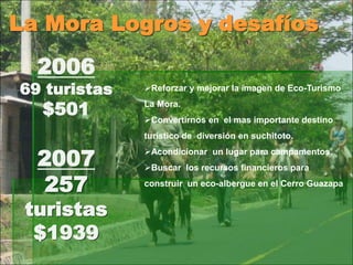 2006
69 turistas
$501
2007
257
turistas
$1939
La Mora Logros y desafíos
Reforzar y mejorar la imagen de Eco-Turismo
La Mora.
Convertirnos en el mas importante destino
turístico de diversión en suchitoto.
Acondicionar un lugar para campamentos.
Buscar los recursos financieros para
construir un eco-albergue en el Cerro Guazapa
 