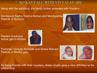 7. NO KAYYALU WITH VIYYALAVARU Along with the additions, the family further extended with Viyalaru- Kondepudi Radha Krishna Mohan and Manikyamba  Parents of Suchitra. Rapaka Anusuyya Ashok garu’s Mother. Pochiraju Venkata Ramaiah and Sesha Ratnam Parents of Murthy garu By being friendly with their viyyalaru, these couple gave a new definition to the relationship. 