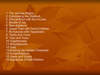 The Journey Begins Culminating into Wedlock Eternal Bond with the In-Laws Bundle of Joy New Additions Grand Time with Grand Children No Kayyalu with Viyyalavaru Twists and Turns Trips and Tours  Togetherness Shashtipoorthi Unity Entering into Golden Threshold Congratulations Views and Voices Signatures of Well Wishers 