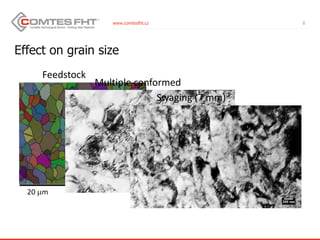 www.comtesfht.cz
Effect on grain size
8
=200 µm; Map3; Step=0.75 µm; Grid600x500
20 mm
Feedstock
Multiple conformed
Swaging (7 mm)
 