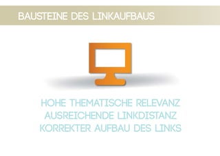 bausteine des linkaufbaus
hohe thematische Relevanz
Ausreichende Linkdistanz
korrekter aufbau des Links
 