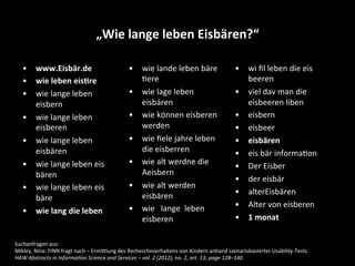 „Wie	
  lange	
  leben	
  Eisbären?“	
  
•  www.Eisbär.de	
  
•  wie	
  leben	
  eis4re	
  
•  wie	
  lange	
  leben	
  
eisbern	
  
•  wie	
  lange	
  leben	
  
eisberen	
  	
  
•  wie	
  lange	
  leben	
  
eisbären	
  
•  wie	
  lange	
  leben	
  eis	
  
bären	
  
•  wie	
  lange	
  leben	
  eis	
  
bäre	
  
•  wie	
  lang	
  die	
  leben	
  
•  wie	
  lande	
  leben	
  bäre	
  
Sere	
  
•  wie	
  lage	
  leben	
  
eisbären	
  
•  wie	
  können	
  eisberen	
  
werden	
  
•  wie	
  ﬁele	
  jahre	
  leben	
  
die	
  eisberren	
  
•  wie	
  alt	
  werdne	
  die	
  
Aeisbern	
  
•  wie	
  alt	
  werden	
  
eisbären	
  
•  wie	
  	
  	
  lange	
  	
  leben	
  	
  
eisberen	
  
•  wi	
  ﬁl	
  leben	
  die	
  eis	
  
beeren	
  
•  viel	
  dav	
  man	
  die	
  
eisbeeren	
  liben	
  
•  eisbern	
  
•  eisbeer	
  
•  eisbären	
  
•  eis	
  bär	
  informaSon	
  
•  Der	
  Eisber	
  
•  der	
  eisbär	
  
•  alterEisbären	
  
•  Alter	
  von	
  eisberen	
  
•  1	
  monat	
  
Suchanfragen	
  aus:	
  	
  
Mikley,	
  Nina:	
  FINN	
  fragt	
  nach	
  –	
  ErmiXlung	
  des	
  Rechercheverhaltens	
  von	
  Kindern	
  anhand	
  szenariobasierter	
  Usability-­‐Tests.	
  	
  
HAW	
  Abstracts	
  in	
  Informa1on	
  Science	
  and	
  Services	
  –	
  vol.	
  2	
  (2012),	
  no.	
  2,	
  art.	
  13;	
  page	
  128–140	
  	
  
 