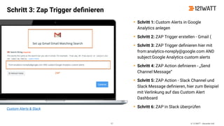 © 121WATT - Alexander Holl
Custom Alerts & Slack
Schritt 3: Zap Trigger deﬁnieren
57
• Schritt 1: Custom Alerts in Google
Analytics anlegen
• Schritt 2: ZAP Trigger erstellen - Gmail (
• Schritt 3: ZAP Trigger deﬁnieren hier mit
from:analytics-noreply@google.com AND
subject:Google Analytics custom alerts
• Schritt 4: ZAP Action deﬁnieren - „Send
Channel Message“
• Schritt 5: ZAP Action - Slack Channel und
Slack Message deﬁnieren, hier zum Beispiel
mit Verlinkung auf das Custom Alert
Dashboard
• Schritt 6: ZAP in Slack überprüfen
 