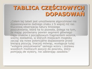 TABLICA CZĘŚCIOWYCHTABLICA CZĘŚCIOWYCH
DOPASOWAŃDOPASOWAŃ
„Celem tej tabeli jest umożliwienie algorytmowi nie
dopasowywania żadnego znaku z S więcej niż raz.
Kluczową obserwacją natury liniowego
poszukiwania, która na to pozwala, polega na tym,
że mając porównany pewien segment głównego
ciągu znaków z początkowym fragmentem wzorca,
wiemy dokładnie, w których miejscach mogłoby
zacząć się nowe potencjalne dopasowanie przed
bieżącą pozycją. Inaczej mówiąc, występuje tutaj
"wstępne poszukiwanie" samego wzoru i zestawu
wszelkich możliwych pozycji do powrotu, które
pomijają złe wybory, nie zabierając zasobów.”
 