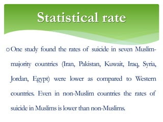 oOne study found the rates of suicide in seven Muslim-
majority countries (Iran, Pakistan, Kuwait, Iraq, Syria,
Jordan, Egypt) were lower as compared to Western
countries. Even in non-Muslim countries the rates of
suicide in Muslims is lower than non-Muslims.
Statistical rate
 