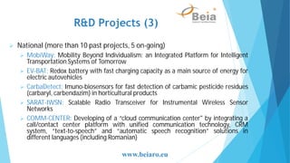 National (more than 10 past projects, 5 on-going)
MobiWay: Mobility Beyond Individualism: an Integrated Platform for Intelligent
Transportation Systems of Tomorrow
EV-BAT: Redox battery with fast charging capacity as a main source of energy for
electric autovehicles
CarbaDetect: Imuno-biosensors for fast detection of carbamic pesticide residues
(carbaryl, carbendazim) in horticultural products
SARAT-IWSN: Scalable Radio Transceiver for Instrumental Wireless Sensor
Networks
COMM-CENTER: Developing of a “cloud communication center" by integrating a
call/contact center platform with unified communication technology, CRM
system, “text-to-speech” and “automatic speech recognition” solutions in
different languages (including Romanian)
R&D Projects (3)
www.beiaro.eu
 