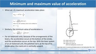 Minimum and maximum value of acceleration
• When wt = 0, maximum acceleration takes place:
• Similarly, the minimum value of acceleration is
• For air-balanced units, because of the arrangements of the
levers, the acceleration occurs at the bottom of the stroke,
and the acceleration occurs at the top. With the lever system
of an air-balanced unit, the polished rod is at the top of its
stroke when the crank arm is vertically upward.
 