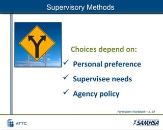 Supervisory Methods
Choices depend on:
 Personal preference
 Supervisee needs
 Agency policy
Participant Workbook – p. 39
 