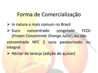 Forma de Comercialização
 In natura a mais comum no Brasil
 Suco concentrado congelado FCOJ
(Frozen Concentrate Orange Juice), ou não
concentrado NFC 2 suco pasteurizado ou
integral
 Néctar de laranja (adição de açúcar)
 
