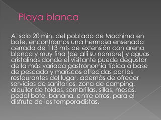 A solo 20 min. del poblado de Mochima en
bote, encontramos una hermosa ensenada
cerrada de 113 mts de extensión con arena
blanca y muy fina (de allí su nombre) y aguas
cristalinas donde el visitante puede degustar
de la más variada gastronomía típica a base
de pescado y mariscos ofrecidas por los
restaurantes del lugar, además de ofrecer
servicios de sanitarios, zona de camping,
alquiler de toldos, sombrillas, sillas, mesas,
pedal bote, banana, entre otros, para el
disfrute de los temporadistas.
 