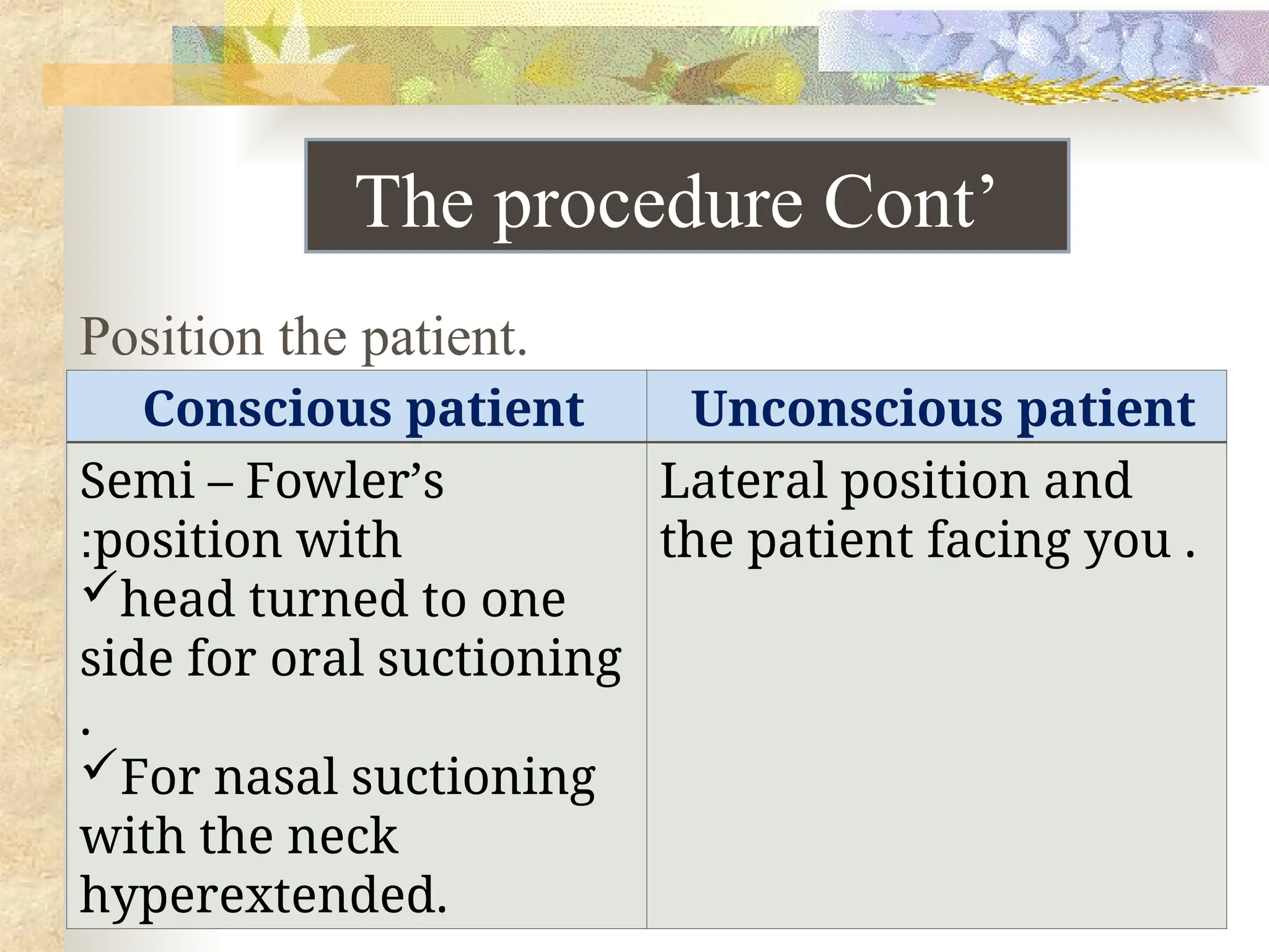 Position the patient.
Conscious patient Unconscious patient
Semi – Fowler’s
position with
:
head turned to one
side for oral suctioning
.
For nasal suctioning
with the neck
hyperextended.
Lateral position and
the patient facing you .
The procedure Cont’
 