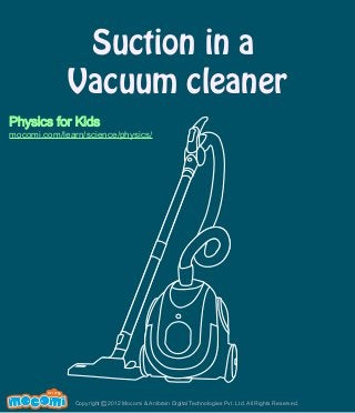Suction in a
Vacuum cleaner
Physics for Kids

mocomi.com/learn/science/physics/

F UN FOR ME!

Copyright © 2012 Mocomi & Anibrain Digital Technologies Pvt. Ltd. All Rights Reserved.

 