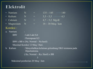 • Natrium N = 135 – 145 140
• Kalium N = 3,5 – 5,5 4,5
• Calsium N = 4,7 – 5,2 Mg/dl
• Magnesium N = 18 – 30 Meq / kan
Koreksi :
a. Natrium :
IBW : Laki Laki 0,6
: Perempuan 0,5
IBW x BB x (Na. Normal – Na hasil)
Maximal Koreksi 12 Meq / Hari.
b. Kalium : Menyebabkan kelainan gelombang EKG terutama pada
Hiperkalemia.
( Ka. Normal – Ka. Hasil) x BB
3
Maksimal pemberian 20 Meq / Jam
 