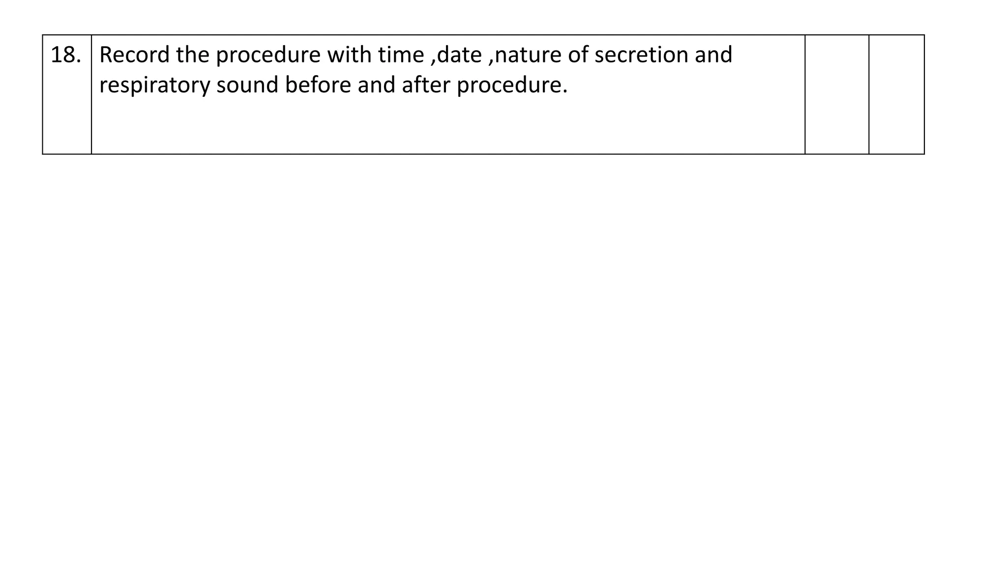 18. Record the procedure with time ,date ,nature of secretion and
respiratory sound before and after procedure.
 