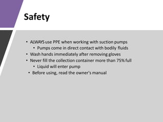 Safety
• ALWAYSuse PPE when working with suction pumps
• Pumps come in direct contact with bodily fluids
• Wash hands immediately after removing gloves
• Never fill the collection container more than 75%full
• Liquid will enter pump
• Before using, read the owner's manual
 