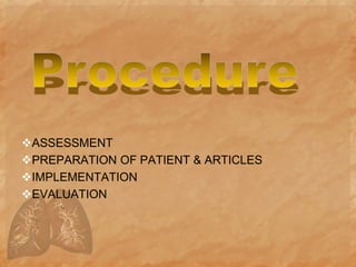 ASSESSMENT
PREPARATION OF PATIENT & ARTICLES
IMPLEMENTATION
EVALUATION
 