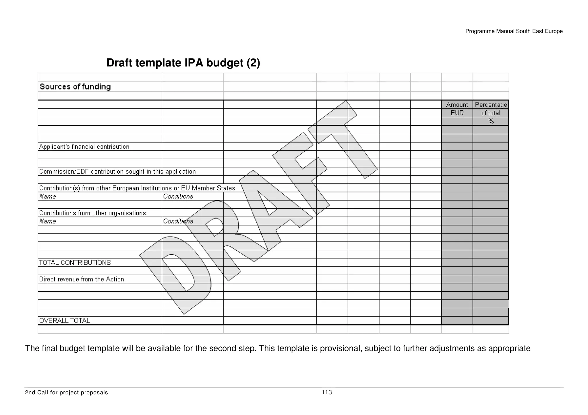 Programme Manual South East Europe




                             Draft template IPA budget (2)




The final budget template will be available for the second step. This template is provisional, subject to further adjustments as appropriate




2nd Call for project proposals                                                    113
 