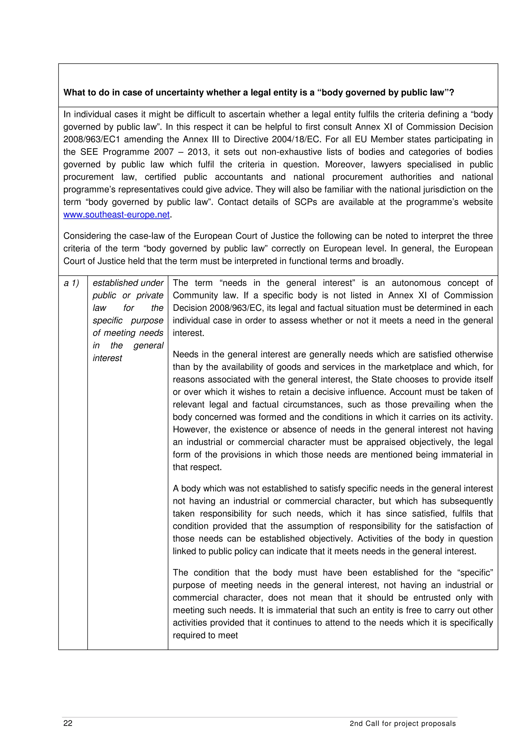 What to do in case of uncertainty whether a legal entity is a “body governed by public law”?

In individual cases it might be difficult to ascertain whether a legal entity fulfils the criteria defining a “body
governed by public law”. In this respect it can be helpful to first consult Annex XI of Commission Decision
2008/963/EC1 amending the Annex III to Directive 2004/18/EC. For all EU Member states participating in
the SEE Programme 2007 – 2013, it sets out non-exhaustive lists of bodies and categories of bodies
governed by public law which fulfil the criteria in question. Moreover, lawyers specialised in public
procurement law, certified public accountants and national procurement authorities and national
programme’s representatives could give advice. They will also be familiar with the national jurisdiction on the
term “body governed by public law”. Contact details of SCPs are available at the programme’s website
www.southeast-europe.net.

Considering the case-law of the European Court of Justice the following can be noted to interpret the three
criteria of the term “body governed by public law” correctly on European level. In general, the European
Court of Justice held that the term must be interpreted in functional terms and broadly.

a 1)   established under     The term “needs in the general interest” is an autonomous concept of
       public or private     Community law. If a specific body is not listed in Annex XI of Commission
       law      for  the     Decision 2008/963/EC, its legal and factual situation must be determined in each
       specific purpose      individual case in order to assess whether or not it meets a need in the general
       of meeting needs      interest.
       in the general
       interest              Needs in the general interest are generally needs which are satisfied otherwise
                             than by the availability of goods and services in the marketplace and which, for
                             reasons associated with the general interest, the State chooses to provide itself
                             or over which it wishes to retain a decisive influence. Account must be taken of
                             relevant legal and factual circumstances, such as those prevailing when the
                             body concerned was formed and the conditions in which it carries on its activity.
                             However, the existence or absence of needs in the general interest not having
                             an industrial or commercial character must be appraised objectively, the legal
                             form of the provisions in which those needs are mentioned being immaterial in
                             that respect.

                             A body which was not established to satisfy specific needs in the general interest
                             not having an industrial or commercial character, but which has subsequently
                             taken responsibility for such needs, which it has since satisfied, fulfils that
                             condition provided that the assumption of responsibility for the satisfaction of
                             those needs can be established objectively. Activities of the body in question
                             linked to public policy can indicate that it meets needs in the general interest.

                             The condition that the body must have been established for the “specific”
                             purpose of meeting needs in the general interest, not having an industrial or
                             commercial character, does not mean that it should be entrusted only with
                             meeting such needs. It is immaterial that such an entity is free to carry out other
                             activities provided that it continues to attend to the needs which it is specifically
                             required to meet




22                                                                          2nd Call for project proposals
 
