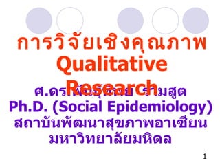 การวิจัยเชิงคุณภาพ ศ . ดร . พันธุ์ทิพย์  รามสูต Ph.D. (Social Epidemiology) สถาบันพัฒนาสุขภาพอาเซียน มหาวิทยาลัยมหิดล Qualitative Research 