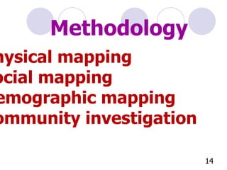 Methodology Physical mapping Social mapping Demographic mapping Community investigation 