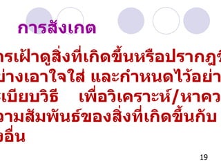 การสังเกต การเฝ้าดูสิ่งที่เกิดขึ้นหรือปรากฎขึ้น อย่างเอาใจใส่ และกำหนดไว้อย่างมี ระเบียบวิธี  เพื่อวิเคราะห์ / หาความ ความสัมพันธ์ของสิ่งที่เกิดขึ้นกับ สิ่งอื่น 