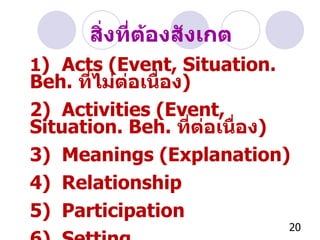 1 )  Acts (Event, Situation. Beh.  ที่ไม่ต่อเนื่อง ) 2) Activities (Event, Situation. Beh.  ที่ต่อเนื่อง ) 3) Meanings (Explanation) 4) Relationship 5) Participation 6) Setting สิ่งที่ต้องสังเกต 