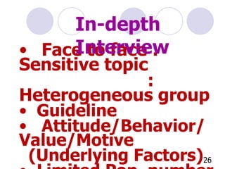 Face to face :  Sensitive topic :  Heterogeneous group Guideline Attitude/Behavior/Value/Motive (Underlying Factors) Limited Pop.  number   In - d epth  Interview 