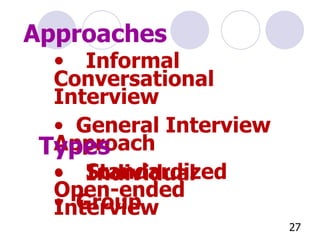 Informal Conversational Interview General Interview Approach Standardized Open-ended Interview Approaches In dividual Group Types 