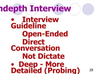 Interview Guideline Open-Ended Direct Conversation Not Dictate Deep - More Detailed (Probing) Context - Free - Flowing Indepth Interview 