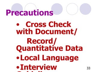 Cross Check with Document/   Record/Quantitative Data Local Language Interview Guideline Precautions 