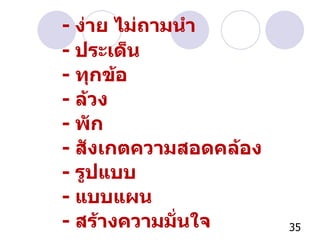 - ง่าย ไม่ถามนำ   - ประเด็น   - ทุกข้อ - ล้วง - พัก - สังเกตความสอดคล้อง - รูปแบบ - แบบแผน - สร้างความมั่นใจ 