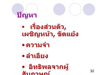 ปัญหา เรื่องส่วนตัว ,  เผชิญหน้า ,  ขัดแย้ง ความจำ ลำเอียง อิทธิพลจากผู้สัมภาษณ์   