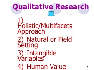 1 )  Holistic/Multifacets Approach 2) Natural or Field Setting 3) Intangible Variables 4) Human Value 5) In-Depth and Long Term study 6) Descriptive & Inductive Analysis Qualitative Research 