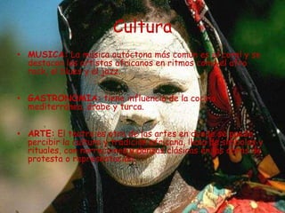 CulturaMUSICA: La música autóctona más común es el coral y se destacan los artistas africanos en ritmos como el afro rock, el blues y el jazz.GASTRONOMIA: tiene influencia de la cocina mediterránea, árabe y turca.ARTE: El teatro es otra de las artes en donde se puede percibir la cultura y tradición africana, llena de símbolos y rituales, con narraciones y danzas clásicas en las obras de protesta o representación.