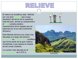 RELIEVEEl relieve de Sudáfrica está  definido por una gran meseta que ocupa alrededor del tercio de la superficie total del país, donde es característico el Veld ( amplia pradera característica de la meseta que se extiende por el sur del Continente Africano). Esta Meseta alcanza sus cotas mas elevadas a lo largo del extremo surorientalen Drakensberg, cordillera que forma parte de la gran cadena montañosa y que separa la meseta de las zonas costeras.La cumbre más elevada es el Castillo de Champagne de 3.375 m.Drakensberg