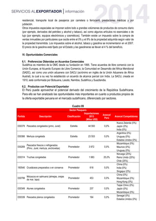 residencial, transporte local de pasajeros por carretera o ferrocarril, prestaciones médicas y por
jubilación.
Otros impuestos especiales se imponen sobre todo a grandes volúmenes de productos de consumo diario
(por ejemplo, derivados del petróleo y alcohol y tabaco), así como algunos artículos no esenciales o de
lujo (por ejemplo, equipos electrónicos y cosméticos). También existe un impuesto sobre la compra de
ventas inmuebles por particulares que oscila entre el 0% y el 8% de la propiedad adquirida según valor de
la propiedad transmitida. Los impuestos sobre el alcohol, tabaco y gasolina se incrementaron en el 2007.
El precio de la gasolina está fijado por el Estado y las gasolineras se llevan el 4 % del beneficio.
VI. Oportunidades Comerciales
6.1. Preferencias Obtenidas en Acuerdos Comerciales
Sudáfrica es miembro de la OMC desde su fundación en 1995. Tiene acuerdos de libre comercio con la
Unión Europea, el Acuerdo Europeo de Libre Comercio, la Comunidad en Desarrollo del África Meridional
(SADC), así como una unión aduanera con SACU (acrónimo en inglés de la Unión Aduanera de África
Austral), la cual a su vez ha establecido un acuerdo de alcance parcial con India. La SACU, creada en
1910, está conformada por Botsuana, Lesoto, Namibia, Sudáfrica y Suazilandia.
6.2. Productos con Potencial Exportador
El Perú puede aprovechar el potencial derivado del crecimiento de la República Sudafricana.
Para ello se han analizado las oportunidades más importantes en cuanto a productos propios de
la oferta exportable peruana en el mercado sudafricano, diferenciado por sectores.
Cuadro 09
Sector Pesquero
Partida Descripciòn Clasificación
Importaciones
2013
(Miles US$)
Arancel
Perú
Arancel Competidores
030379 Pescados congelados (princ. Jurel) Estrella 44 593 0,0%
Nueva Zelanda (0%)
Japón (0%)
India (0%)
030366 Merluza congelada Estrella 23 553 0,0%
Argentina (0%)
Uruguay (0%)
Estados Unidos (0%)
030269
Pescados frescos o refrigerados
(Princ. Jurel, merluza, anchovetas)
Prometedor 3 972 0,0%
Mozambique (0%)
Mauricio (0%)
Uruguay (0%)
030314 Truchas congeladas Prometedor 1 683 25,0%
Noruega (25%)
Reino Unido (25%)
Chile (25%)
160540 Crustáceos preparados o en conserva Prometedor 618 0,0%
China (0%)
India (0%)
Singapur (0%)
030799
Moluscos en salmuera (almejas, orejas
de mar, lapa)
Prometedor 453 0,0%
China (0%)
Mozambique (0%)
Hong Kong (0%)
030349 Atunes congelados Prometedor 237 0,0%
Taipei Chino (0%)
Japón (0%)
Mozambique (0%)
030339 Pescados planos congelados Prometedor 164 0,0%
Senegal (0%)
Estados Unidos (0%)
 